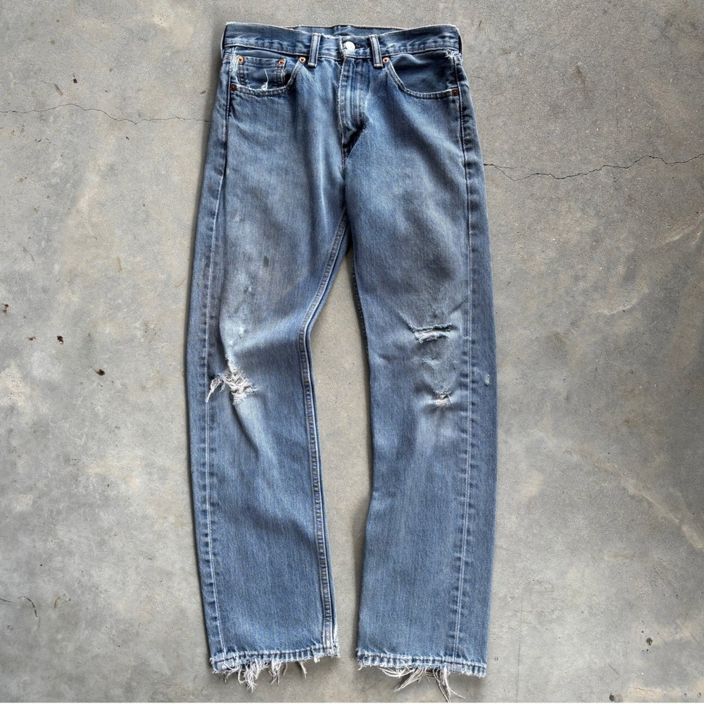 Distressed Levis 505 Regular Fit Straight Leg Jeans Light Wash 29x32 Grunge Y2K